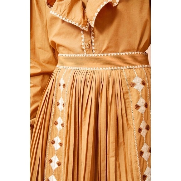 Ulla Johnson Midi Pleated Brown Sabina Embroidered Skirt - Picture 4 of 7